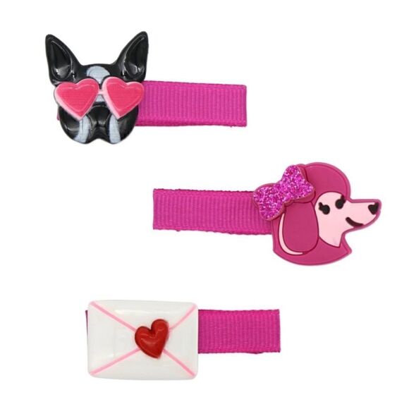 NWT Set Dog French Bulldog Boston Terrier Poodle Heart Pink Hair Clips Barrette - Picture 1 of 6